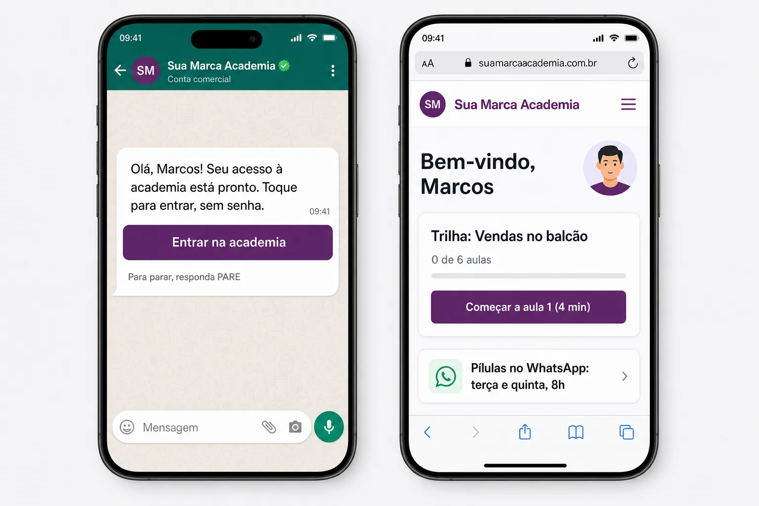 Tela ilustrativa: convite da Sua Marca Academia no WhatsApp com o botão Entrar na academia e, ao lado, o web app aberto no celular sem pedir senha