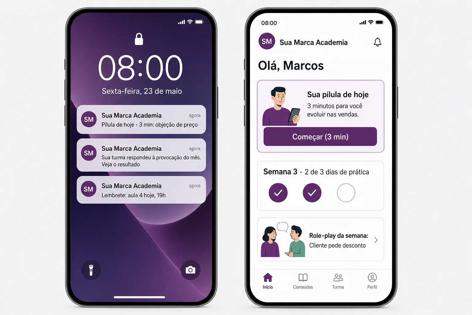 Tela ilustrativa do aplicativo com a marca da empresa: notificações push na tela de bloqueio com a pílula de hoje, o resultado da provocação do mês e o lembrete de aula, e a tela inicial do app com a pílula de 3 minutos, os dias de prática da semana e o role-play da semana