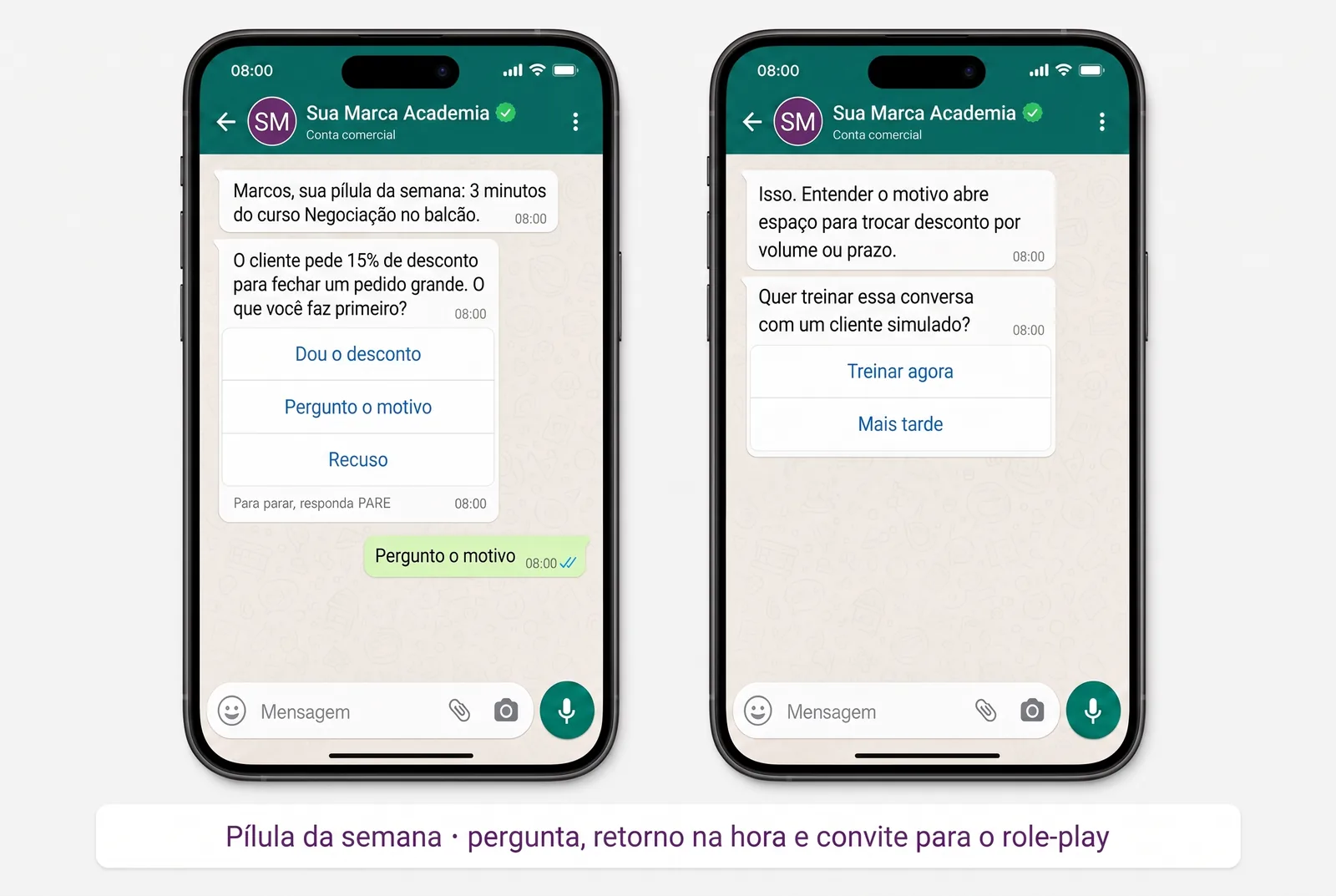 Tela ilustrativa: pílula da semana no WhatsApp com a pergunta sobre um cliente que pede 15% de desconto, três botões de resposta, o retorno na hora e o convite para treinar com um cliente simulado