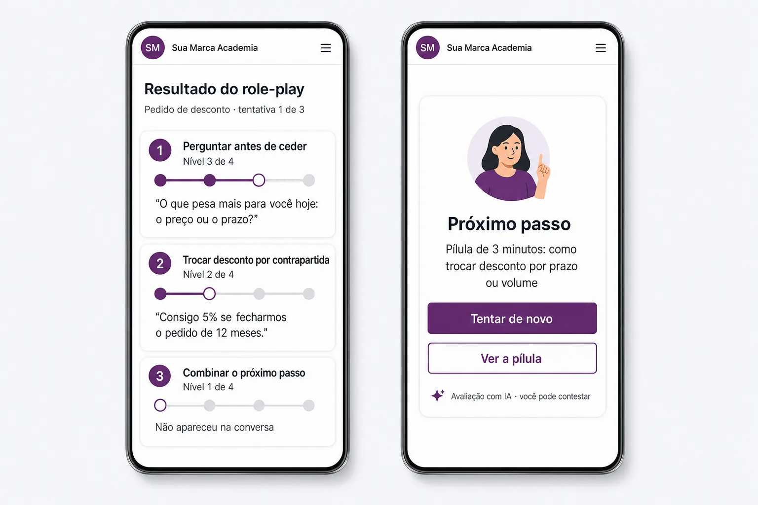 Tela ilustrativa do resultado do role-play no celular: nível de 1 a 4 em três critérios, com o trecho da conversa de cada um, e o próximo passo com os botões Tentar de novo e Ver a pílula